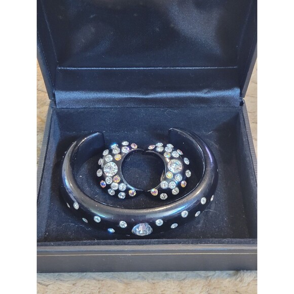 Rare Vintage Black Bangle Cuff Crescent Moon Clip Earrings Set AB Rhinestones - Picture 3 of 11